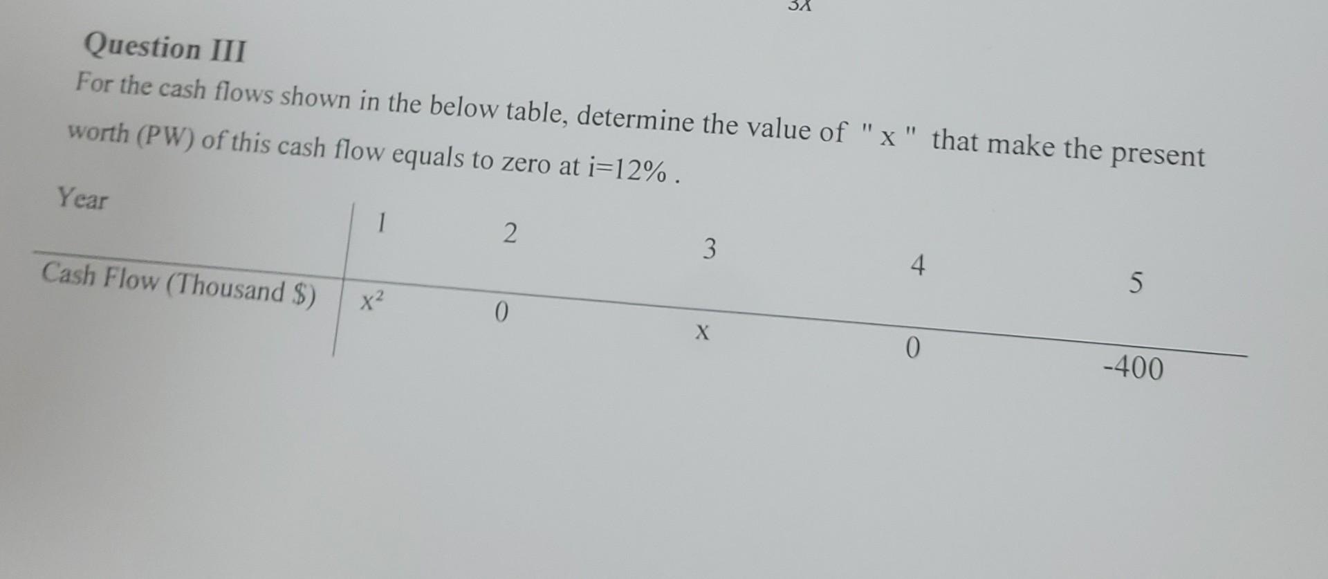 Question Iii For The Cash Flows Shown In The Below Table Determine The Value Of X That Worth Pw Of This Cash Flow E 1