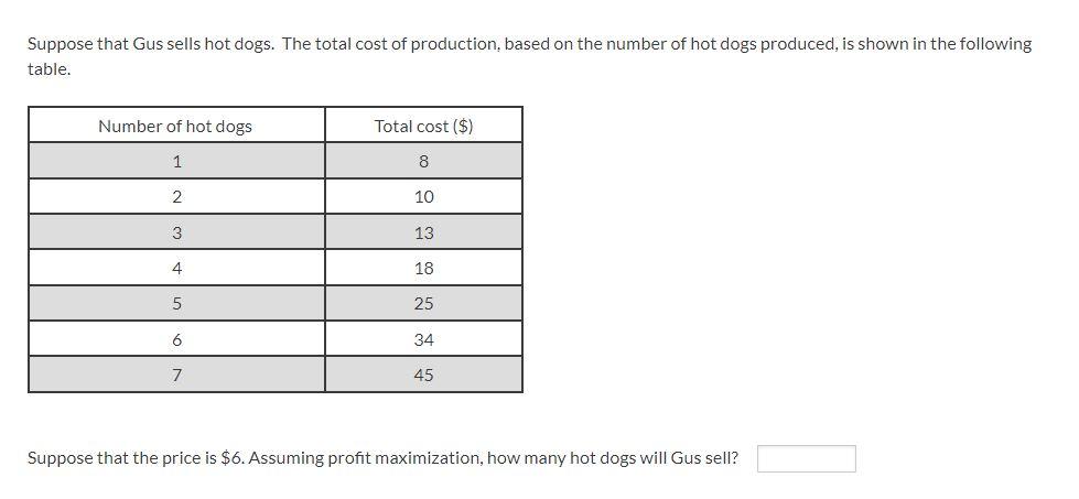 Suppose That Gus Sells Hot Dogs The Total Cost Of Production Based On The Number Of Hot Dogs Produced Is Shown In The 1