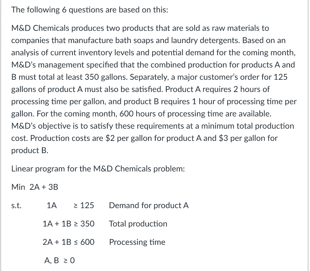 The Following 6 Questions Are Based On This M D Chemicals Produces Two Products That Are Sold As Raw Materials To Compa 1