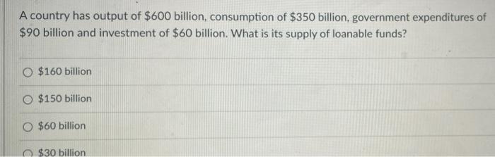 A Country Has Output Of 600 Billion Consumption Of 350 Billion Government Expenditures Of 90 Billion And Investment 1