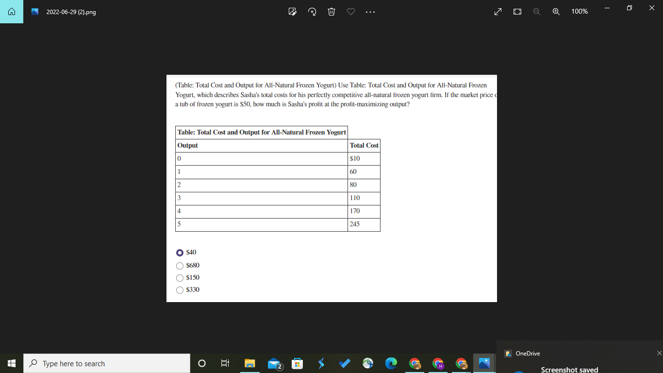 2022 06 29 2 Png Type Here To Search Table Total Cost And Output For All Natural Frozen Yogurt Use Table Total C 1