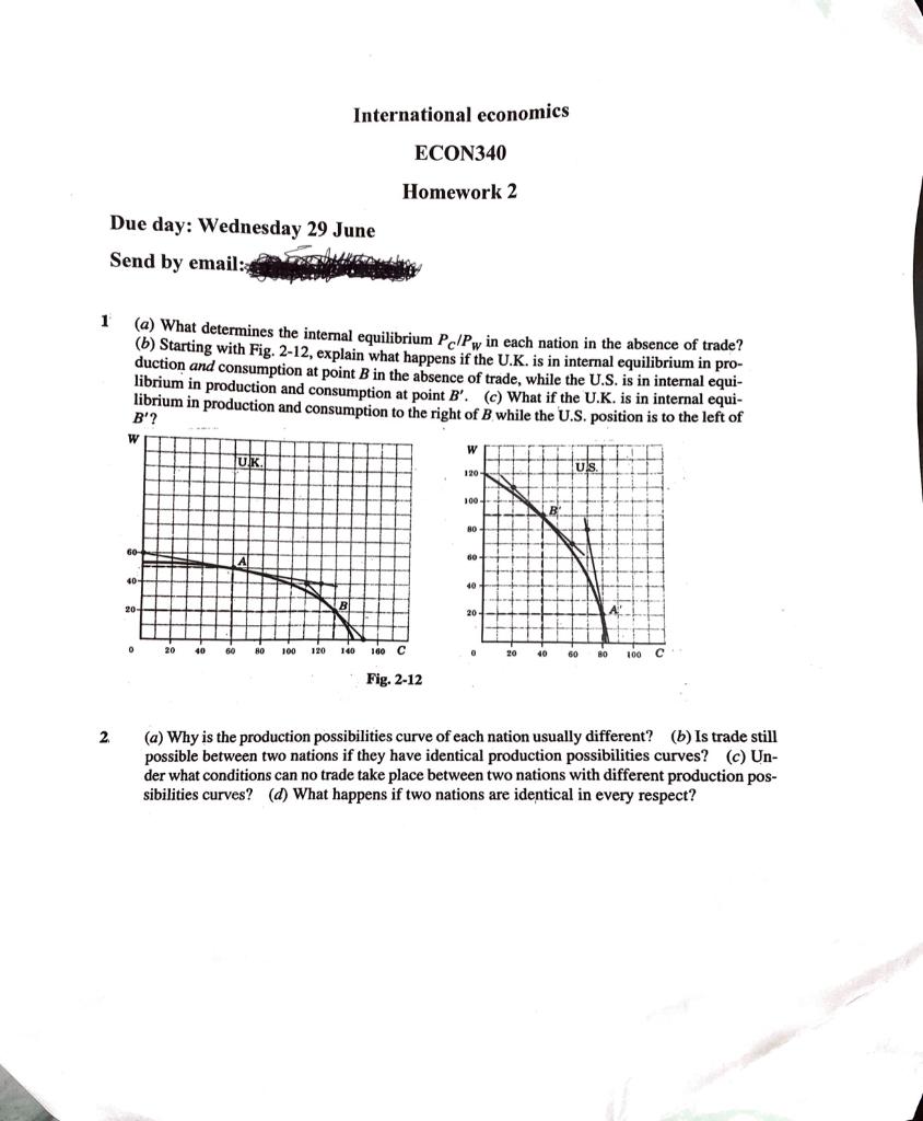 Due Day Wednesday 29 June Send By Email 1 2 W 60 A What Determines The Internal Equilibrium Pc Pw In Each Nation In 1