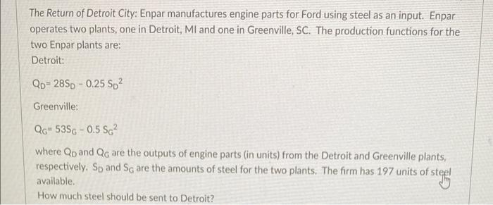 The Return Of Detroit City Enpar Manufactures Engine Parts For Ford Using Steel As An Input Enpar Operates Two Plants 1