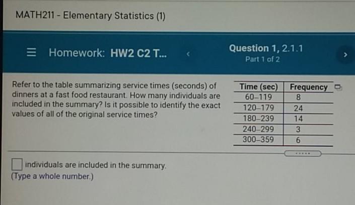 Math211 Elementary Statistics 1 Homework Hw2 C2 T Question 1 2 1 1 Part 1 Of 2 Refer To The Table Summarizing 1
