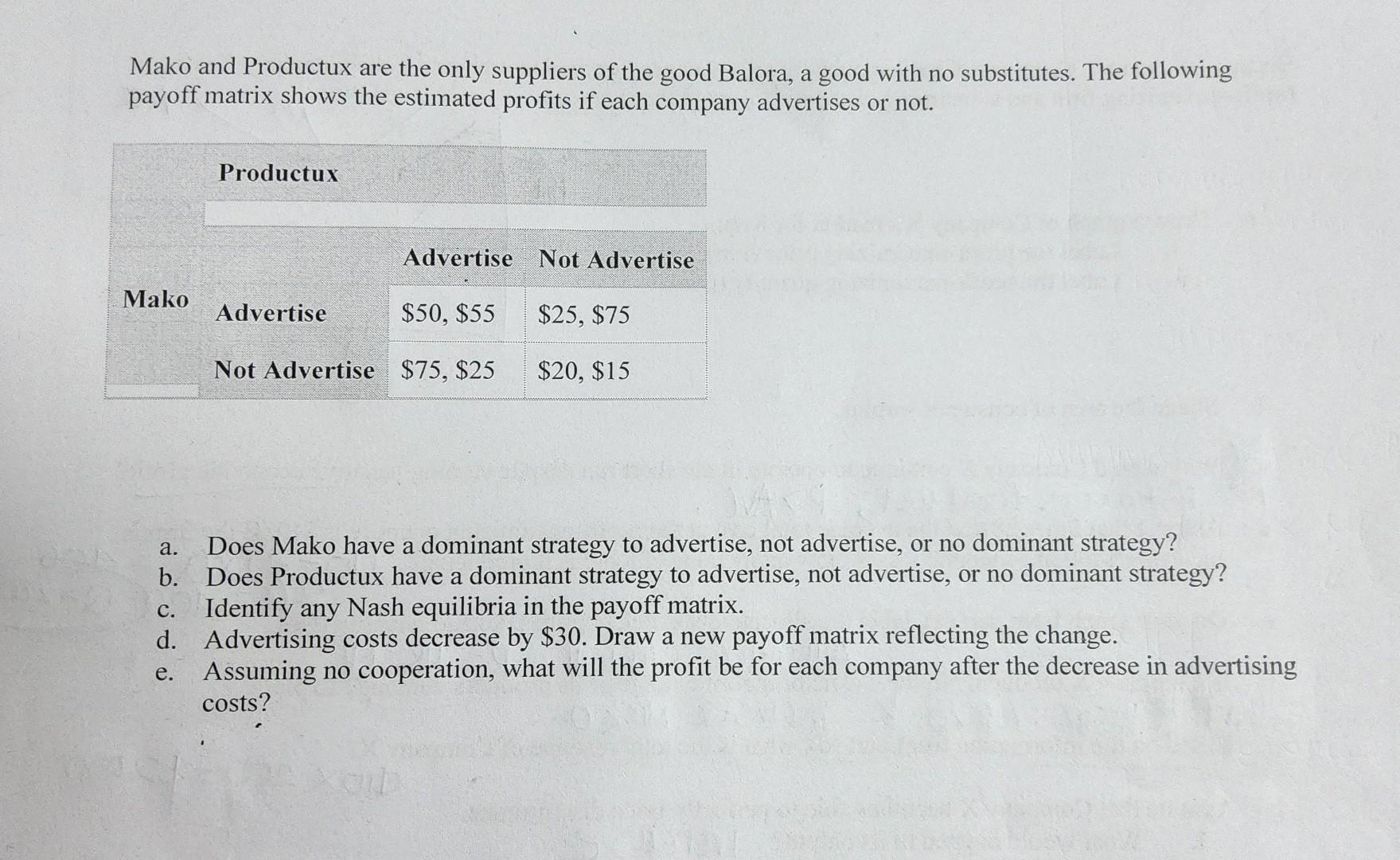 Mako And Productux Are The Only Suppliers Of The Good Balora A Good With No Substitutes The Following Payoff Matrix Sh 1
