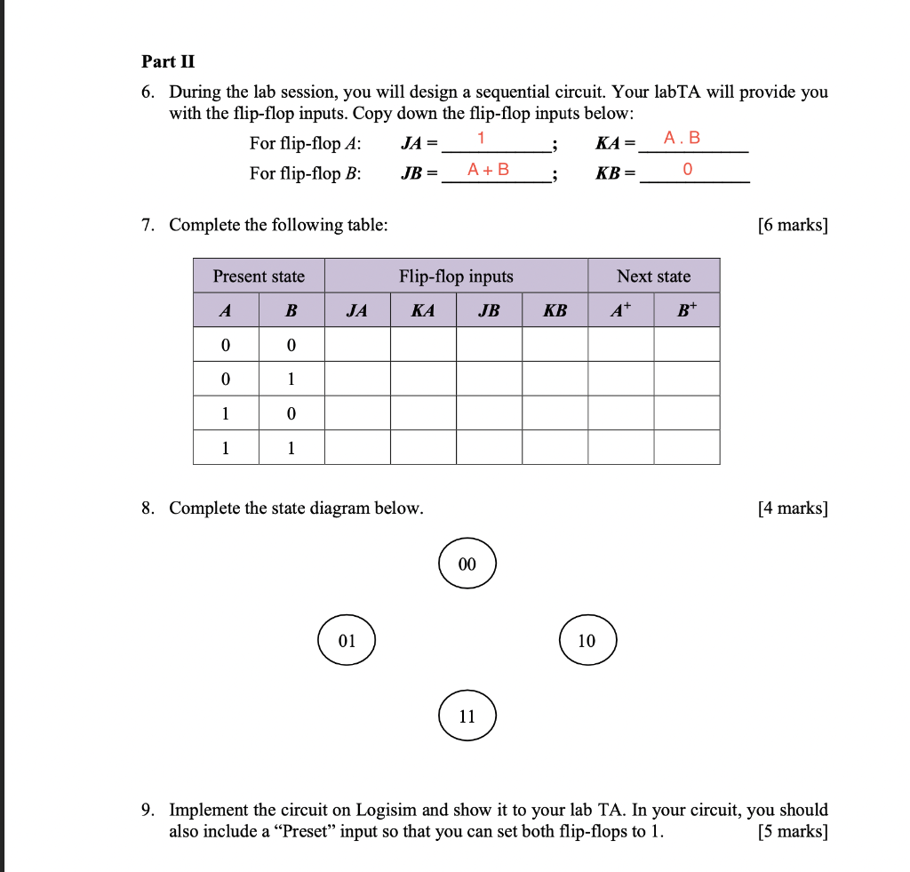 Part Ii 6 During The Lab Session You Will Design A Sequential Circuit Your Labta Will Provide You With The Flip Flop 1