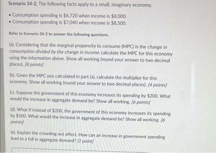 Scenario 34 2 The Following Facts Apply To A Small Imaginary Economy Consumption Spending Is 6 720 When Income Is 1