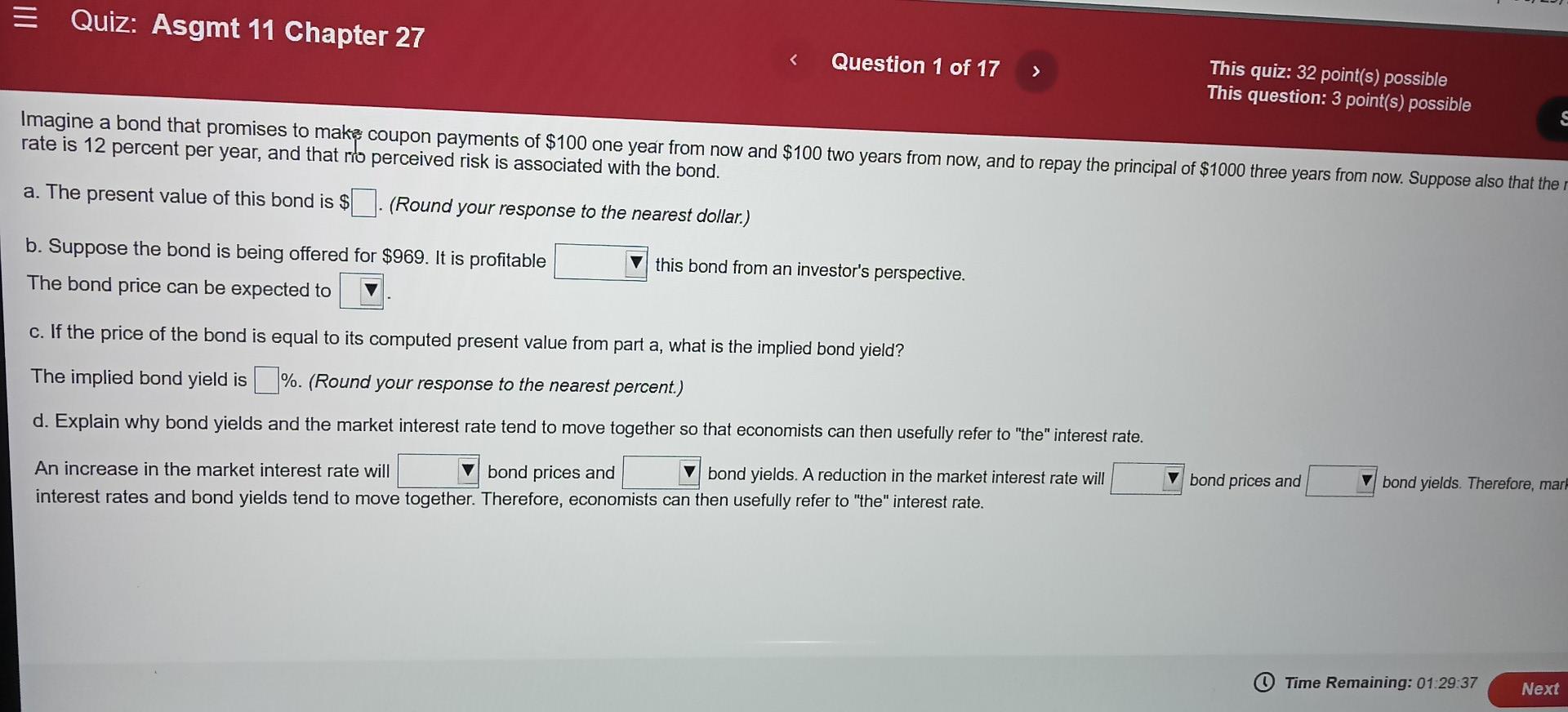 Quiz Asgmt 11 Chapter 27 Question 1 Of 17 B Suppose The Bond Is Being Offered For 969 It Is Profitable The Bond Pr 1
