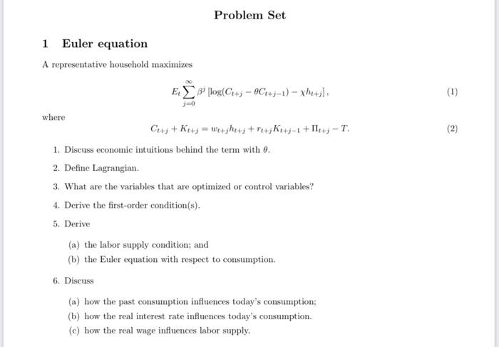 1 Euler Equation A Representative Household Maximizes Where Problem Set Et Log Ct J C J 1 Xhe J J 0 C J Ki J W 1
