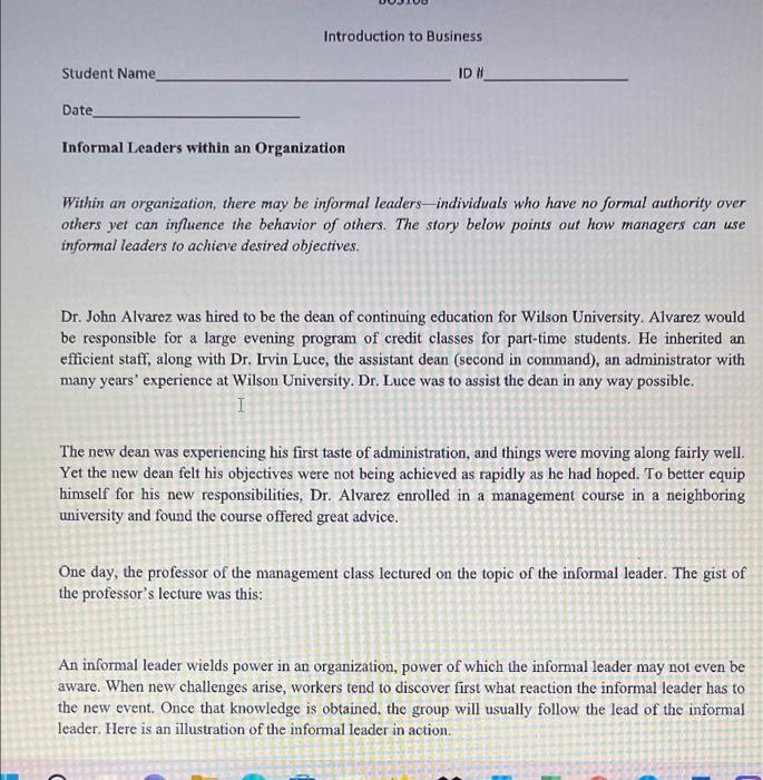 Student Name Date Introduction To Business Informal Leaders Within An Organization Id Within An Organization There Ma 1