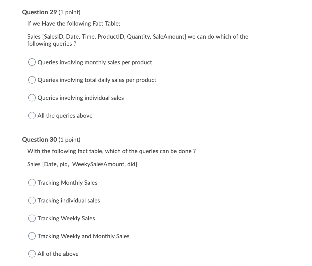 Question 29 1 Point If We Have The Following Fact Table Sales Salesid Date Time Productid Quantity Saleamount 1
