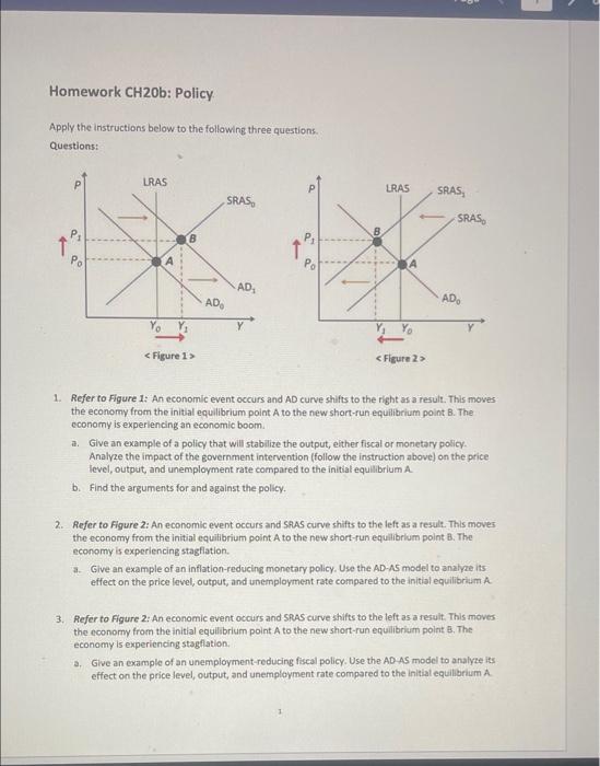 Homework Ch20b Policy Apply The Below To The Following Th Laas 1 Ac Events And Ad Cuve Us To The The Economy From The 3