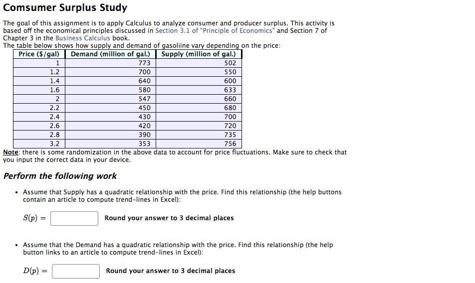 Comsumer Surplus Study The Goal Of This Assignment Is To Apply Calculus To Analyze Consumer And Producer Surplus This A 1