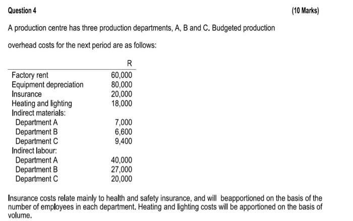 Question 4 A Production Centre Has Three Production Departments A B And C Budgeted Production Overhead Costs For The 1