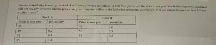 You Are Considering Investing On Stock A Or B Both Of Which Are Selling For 50 You Plan To Sell The Stock In One Year 1