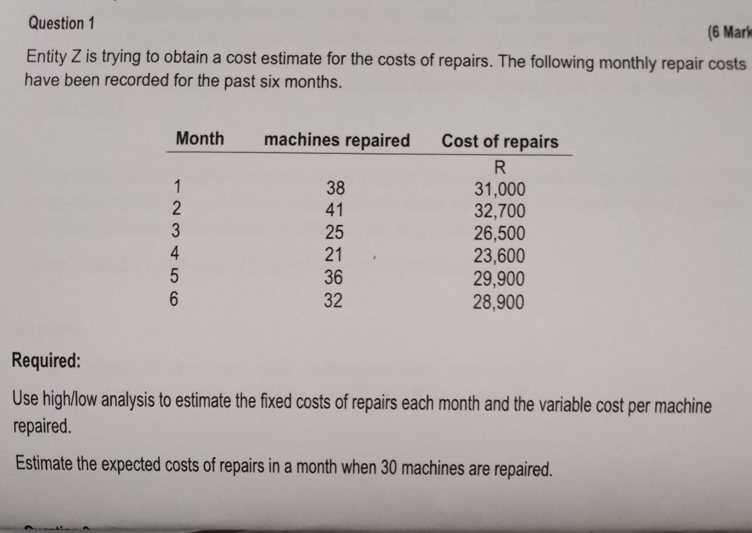 Question 1 6 Mark Entity Z Is Trying To Obtain A Cost Estimate For The Costs Of Repairs The Following Monthly Repair C 2