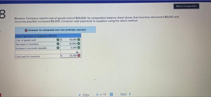 8 Bioware Company Reports Cost Of Goods Sold Of 43 000 Its Comparative Balance Sheet Shows That Inventory Decreased 8 3