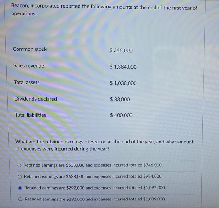 Beacon Incorporated Reported The Following Amounts At The End Of The First Year Of Operations Common Stock Sales Reven 1
