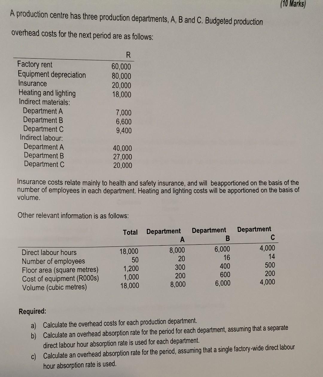 A Production Centre Has Three Production Departments A B And C Budgeted Production Overhead Costs For The Next Period 1