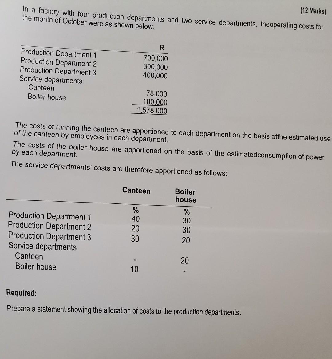 12 Marks In A Factory With Four Production Departments And Two Service Departments Theoperating Costs For The Month O 1