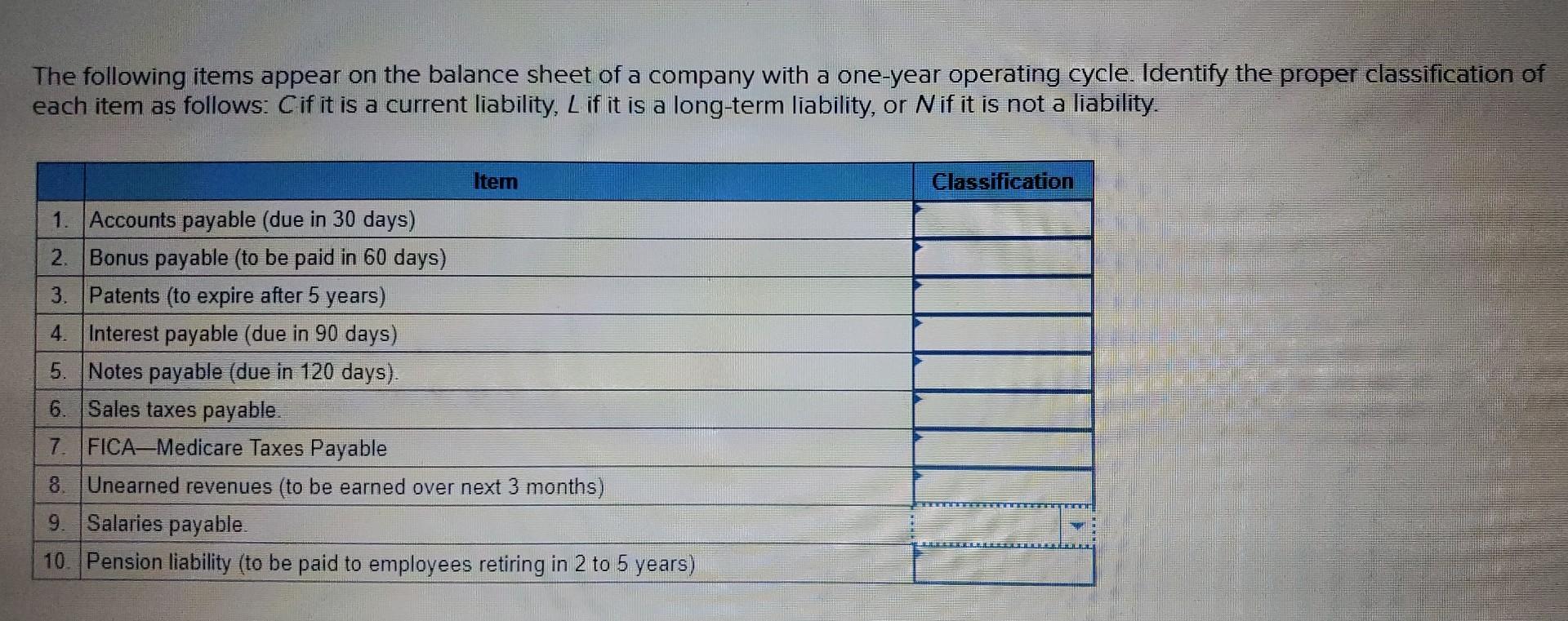 The Following Items Appear On The Balance Sheet Of A Company With A One Year Operating Cycle Identify The Proper Classi 1