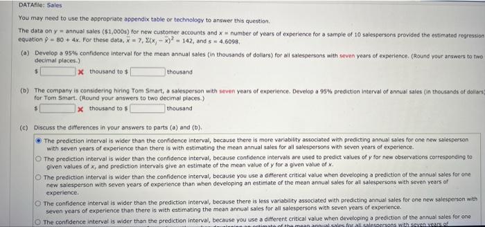 Datafile Sales You May Need To Use The Appropriate Appendix Table Or Technology To Answer This Question The Data On Y 1