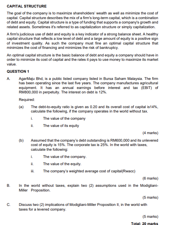 Capital Structure The Goal Of The Company Is To Maximize Shareholders Wealth As Well As Minimize The Cost Of Capital C 1