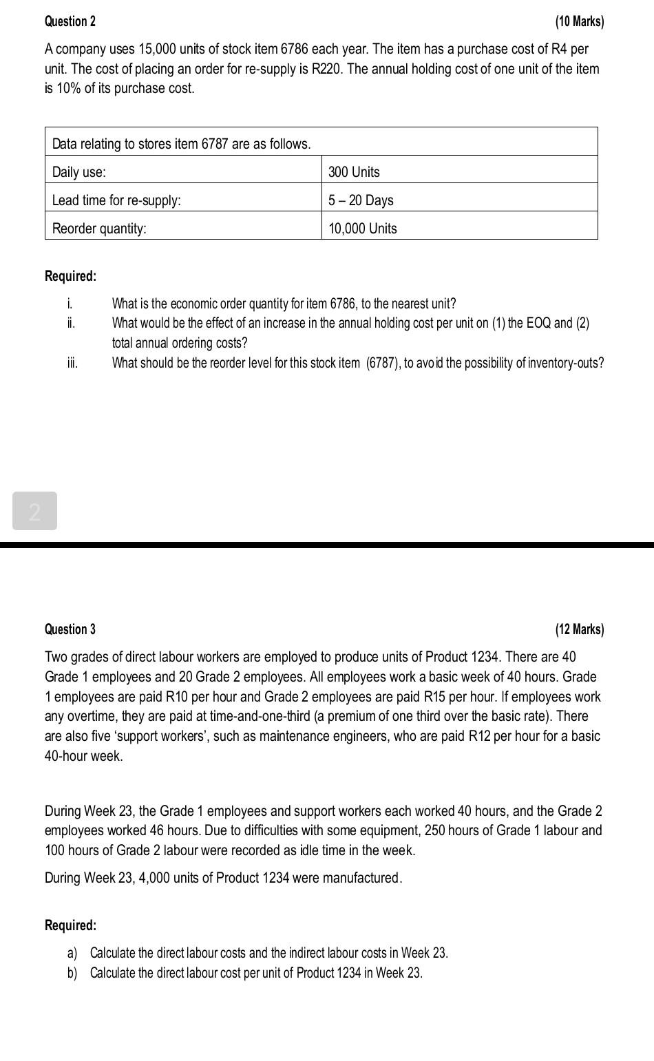 2 Question 2 10 Marks A Company Uses 15 000 Units Of Stock Item 6786 Each Year The Item Has A Purchase Cost Of R4 Per 1