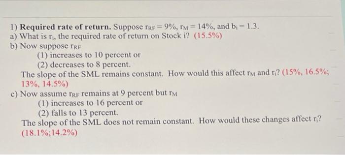 1 Required Rate Of Return Suppose Trf 9 Im 14 And B 1 3 A What Is Ri The Required Rate Of Return On Stoc 1