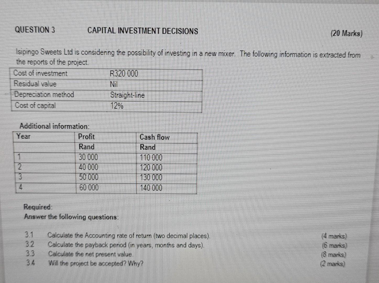 Question 3 Isipingo Sweets Ltd Is Considering The Possibility Of Investing In A New Mixer The Following Information Is 1