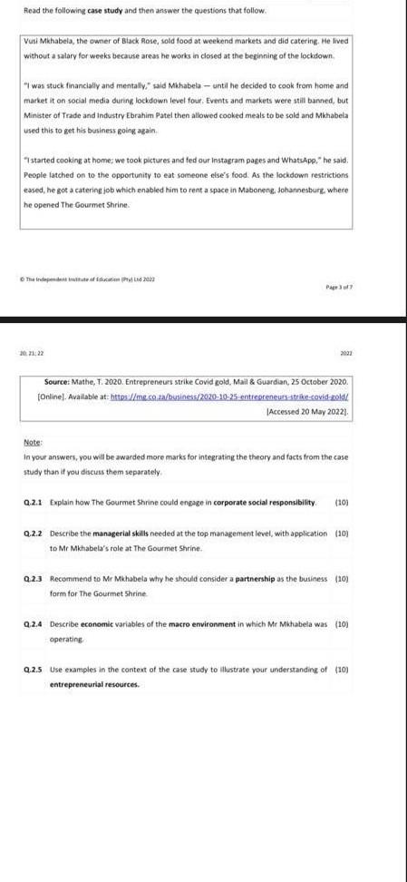 Read The Following Case Study And Then Answer The Questions That Follow Vusi Mkhabela The Owner Of Black Rose Sold Fo 1