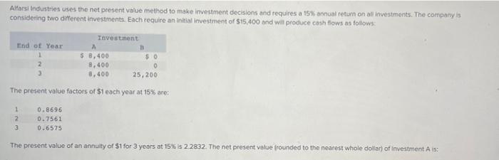 Alfarsi Industries Uses The Net Present Value Method To Make Investment Decisions And Requires A 15 Annual Return On Al 1