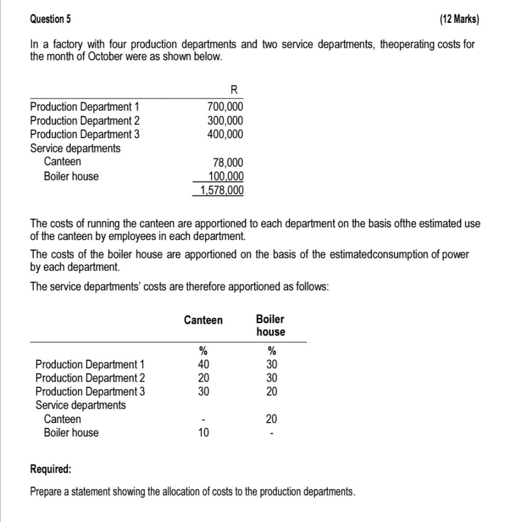 Question 5 12 Marks In A Factory With Four Production Departments And Two Service Departments Theoperating Costs For 1