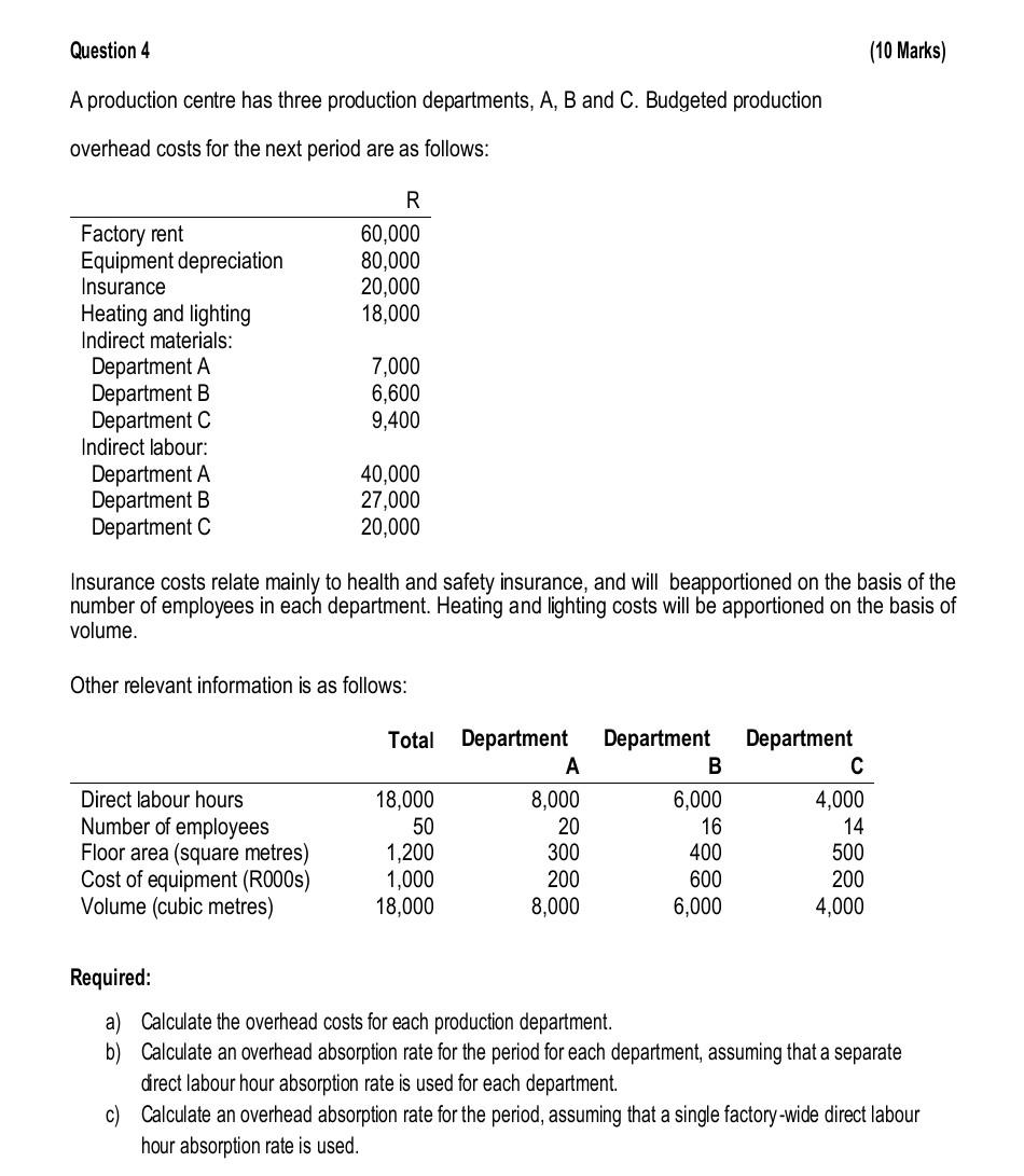Question 4 A Production Centre Has Three Production Departments A B And C Budgeted Production Overhead Costs For The 1