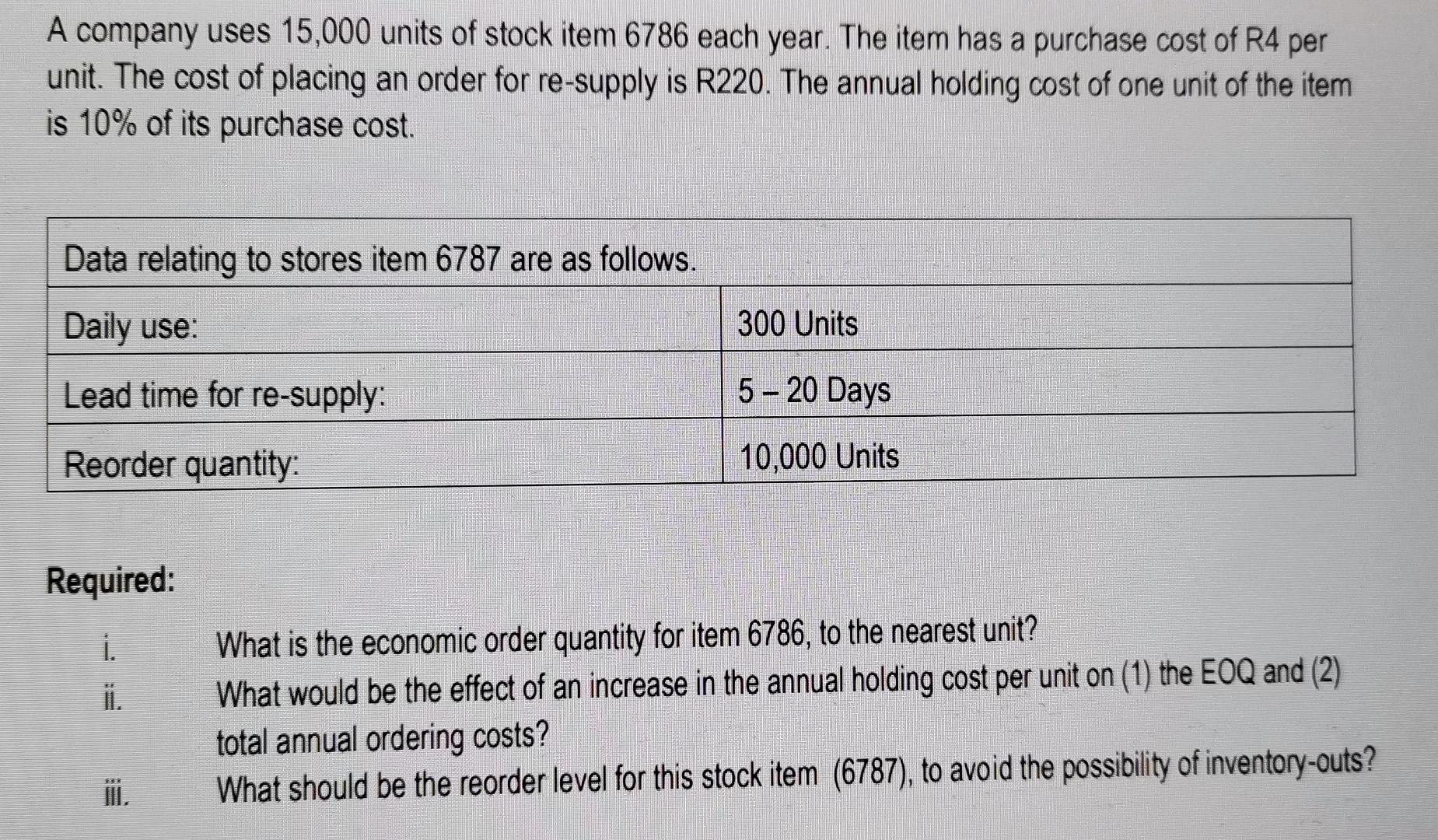 A Company Uses 15 000 Units Of Stock Item 6786 Each Year The Item Has A Purchase Cost Of R4 Per Unit The Cost Of Placi 1