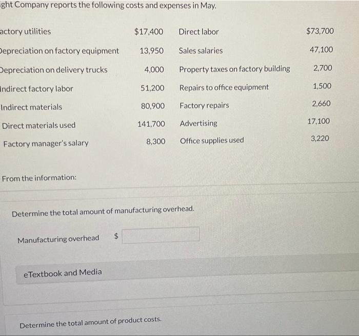 Ght Company Reports The Following Costs And Expenses In May Actory Utilities Depreciation On Factory Equipment Deprecia 1