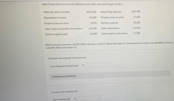 Lopez Corporation Incurred The Following Costs While Manufacturing Its Product Materials Used In Product Depreciation On 1