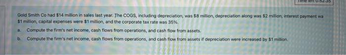 Time Left 0 52 35 Gold Smith Co Had 14 Million In Sales Last Year The Cogs Including Depreciation Was 8 Million De 1