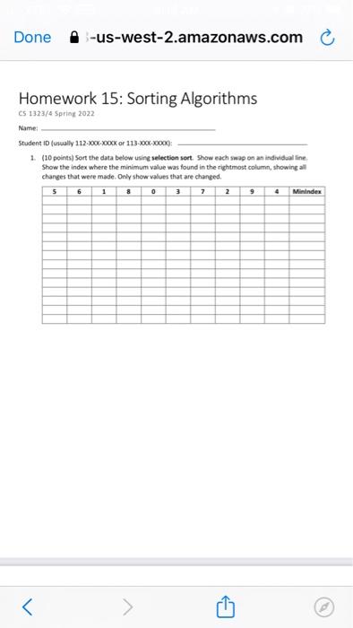 Done Us West 2 Amazonaws Com C Homework 15 Sorting Algorithms Cs 1323 4 Sprint 2022 Name Student Id Usually 112 00 1
