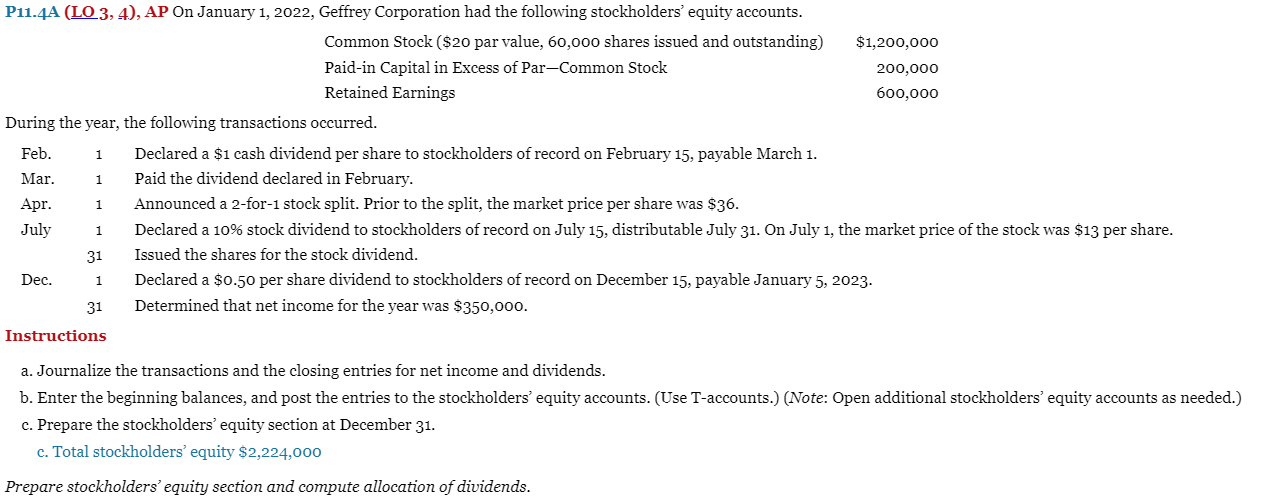 P11 4a Lo 3 4 Ap On January 1 2022 Geffrey Corporation Had The Following Stockholders Equity Accounts Common Sto 1