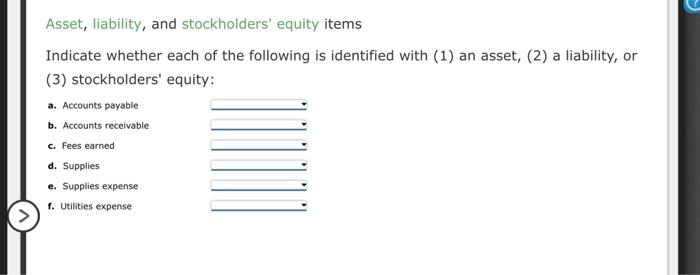 Asset Liability And Stockholders Equity Items Indicate Whether Each Of The Following Is Identified With 1 An Asset 1