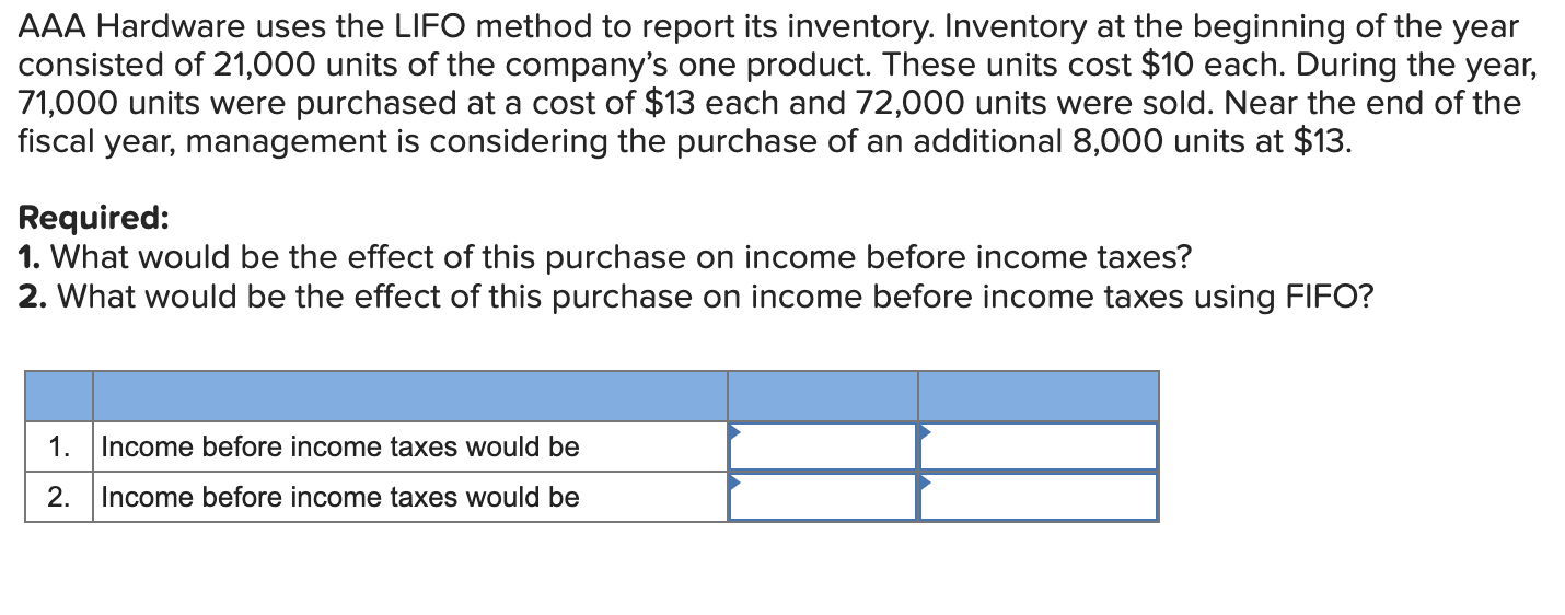 Aaa Hardware Uses The Lifo Method To Report Its Inventory Inventory At The Beginning Of The Year Consisted Of 21 000 Un 1