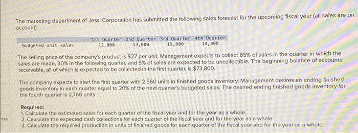 Ces The Marketing Department Of Jessi Corporation Has Submitted The Following Sales Forecast For The Upcoming Fiscal Yea 1