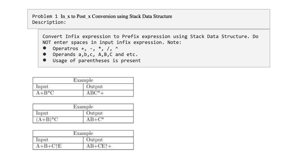 Problem 1 In X To Post X Conversion Using Stack Data Structure Description Convert Infix Expression To Prefix Expressio 1