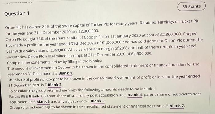 35 Points Question 1 Orton Plc Has Owned 80 Of The Share Capital Of Tucker Plc For Many Years Retained Earnings Of Tuc 1