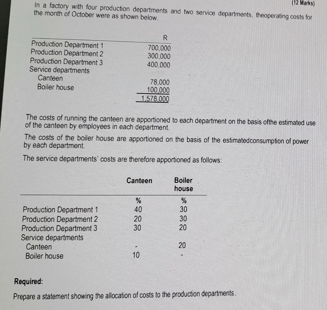12 Marks In A Factory With Four Production Departments And Two Service Departments Theoperating Costs For The Month O 1