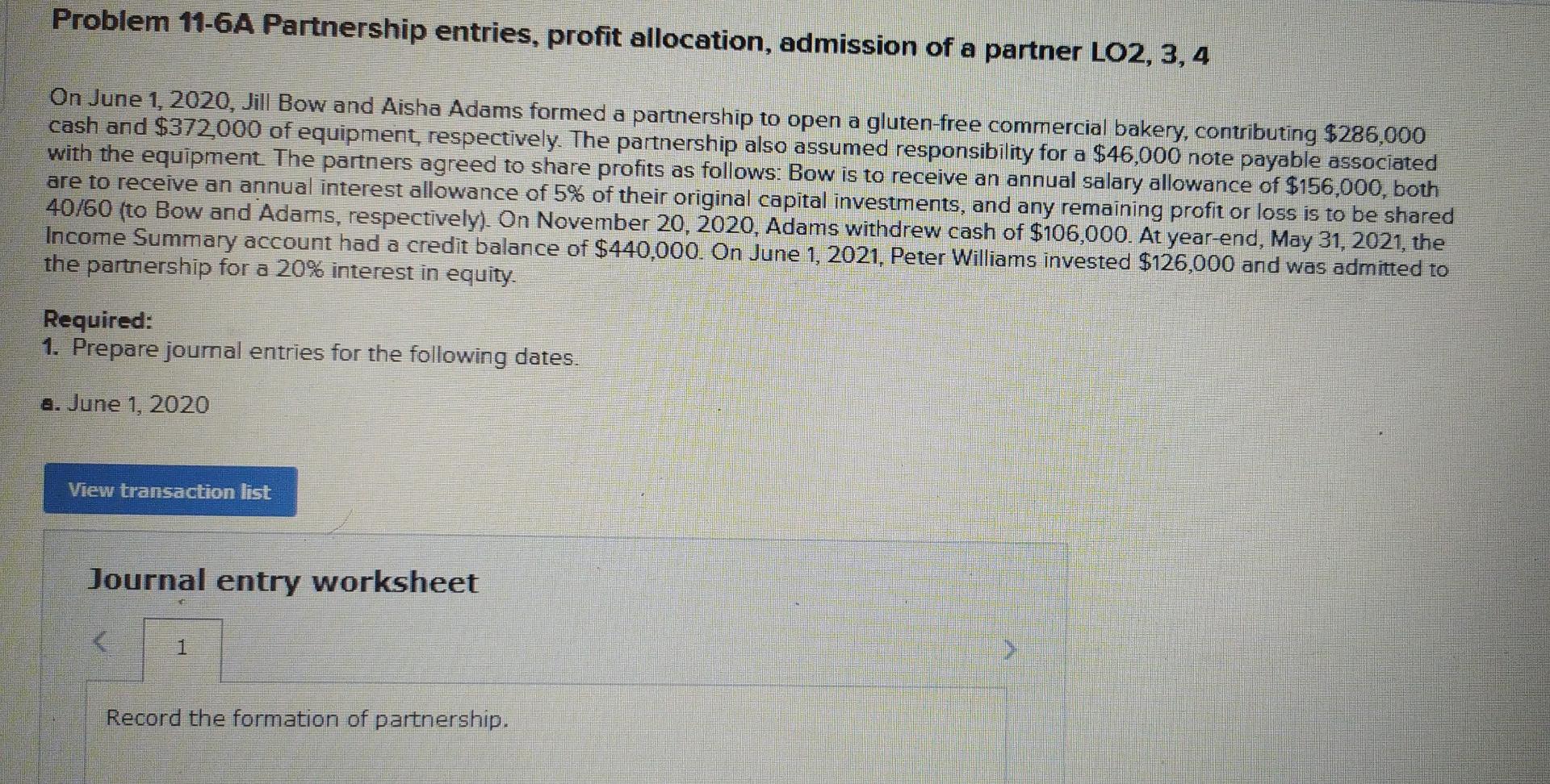 Problem 11 6a Partnership Entries Profit Allocation Admission Of A Partner Lo2 3 4 On June 1 2020 Jill Bow And Ais 1