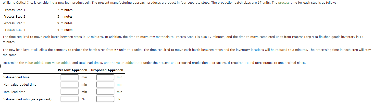 Williams Optical Inc Is Considering A New Lean Product Cell The Present Manufacturing Approach Produces A Product In F 1