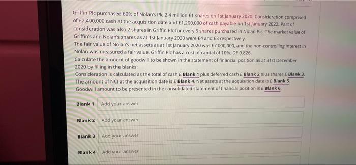 Griffin Plc Purchased 60 Of Nolan S Plc 2 4 Million 1 Shares On 1st January 2020 Consideration Comprised Of 2 400 00 1