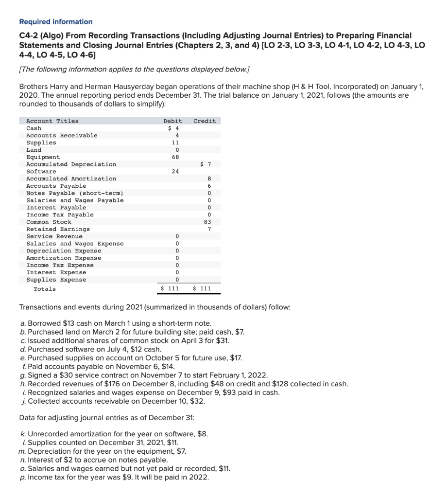 Required Information C4 2 Algo From Recording Transactions Including Adjusting Journal Entries To Preparing Financia 1